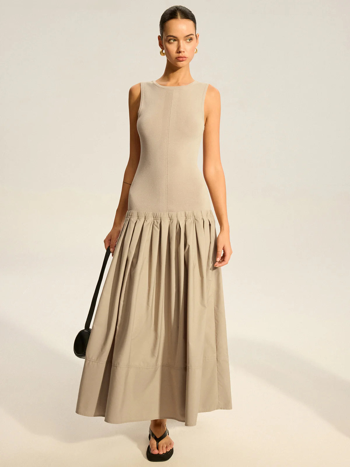 Sleeveless Knit-Top Pleated Midi Dress