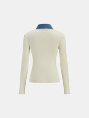 Wool Blend Denim Collar Metal Button Cardigan