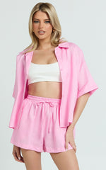Ramona Top - Linen Short Sleeve Shirt in Pink