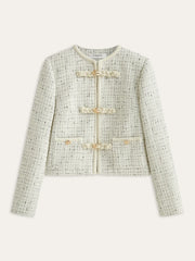 Metal Detail Knot Button Tweed Jacket