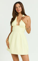 Bessie Mini Dress - Halter Gathered Top Fit And Flare Dress in Lemon