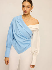 Two-Tone Asymmetric Off-Shoulder Shirt