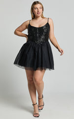 Violette Mini Dress - Sequin Corset Tulle Skirt Dress in Black