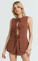 Keyla Two Piece Set - Tie Front Top and Mini Shorts in Chocolate