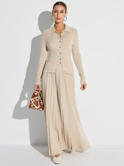 Ribbed Wool Blend Polo Collar Cardigan