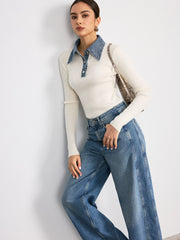 Denim Collar Wool Blend Knit Top