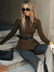Belted Peplum Turtleneck Knit Top