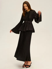 Pleated Bell Sleeve Belted Peplum Blouse