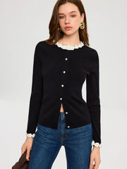 3D Floral Trim Pearl Button Cardigan