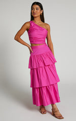 Kaycie Two Piece Set - One Shoulder Asymmetrical Ruched Top and Tiered Midi Skirt Set in Pink