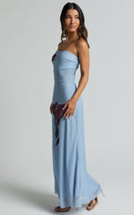 Adali Midi Dress - Strapless Mesh Midi Dress in Blue Floral
