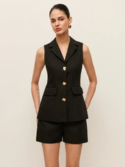 Cotton & Linen Button Detail Pockets Vest