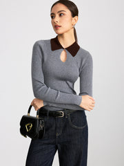 Contrast Collar Wool Blend Ribbed Knit Top