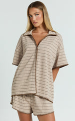Laura Two Piece Set - Stripe Waffle Knit Shirt & Short Set in Brown/Cream Stripe