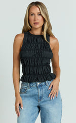 Aphrodite Top - Boat Neck Sleeveless Ruched Detail Top in Black