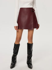 PU Leather Asymmetric Skirt with Double-Belt Detail