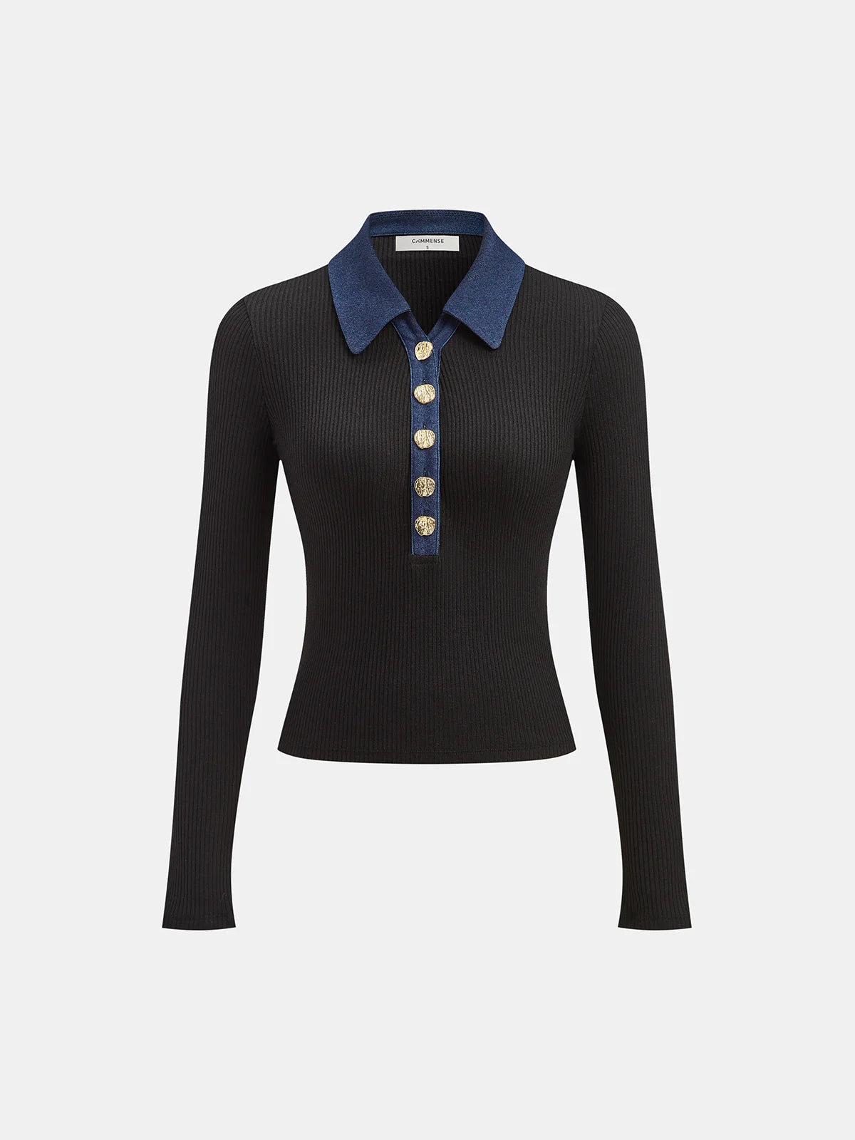 Contrast Collar Metal Button Ribbed Knit T-Shirt