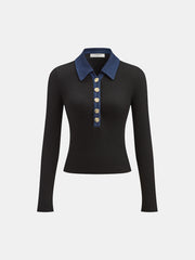 Contrast Collar Metal Button Ribbed Knit T-Shirt