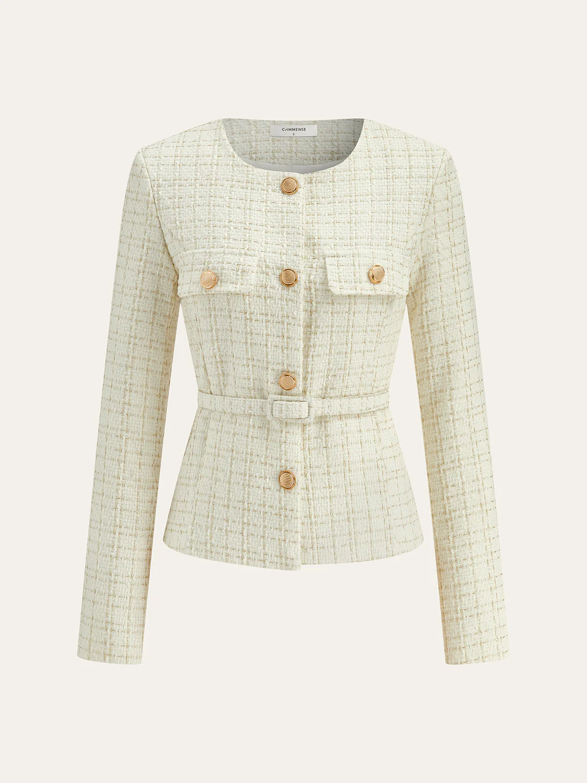 Metal Button Tweed Belted Blazer