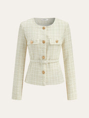 Metal Button Tweed Belted Blazer