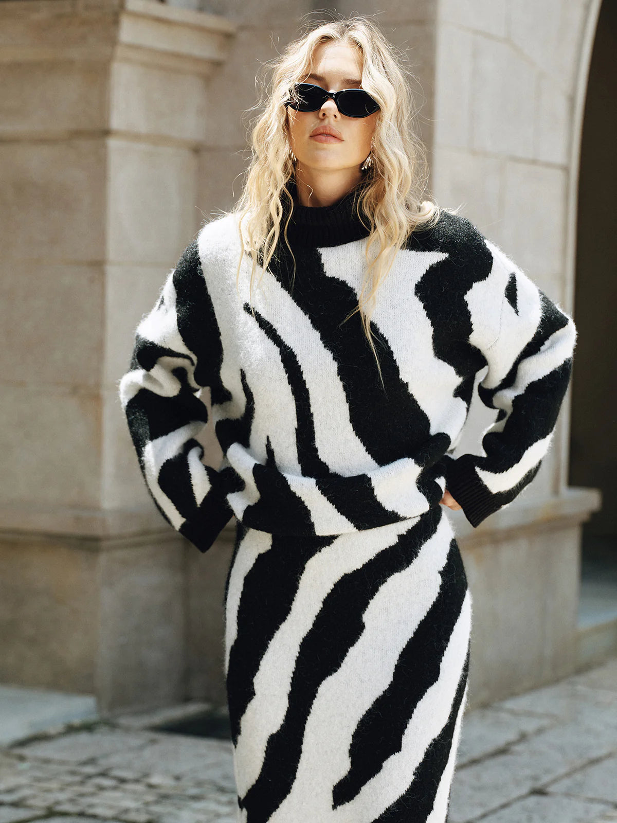 Zebra Print Turtleneck Wool Blend Sweater