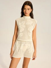 Mock Neck Sleeveless Top and Shorts Set with Floral Cut-Out Details