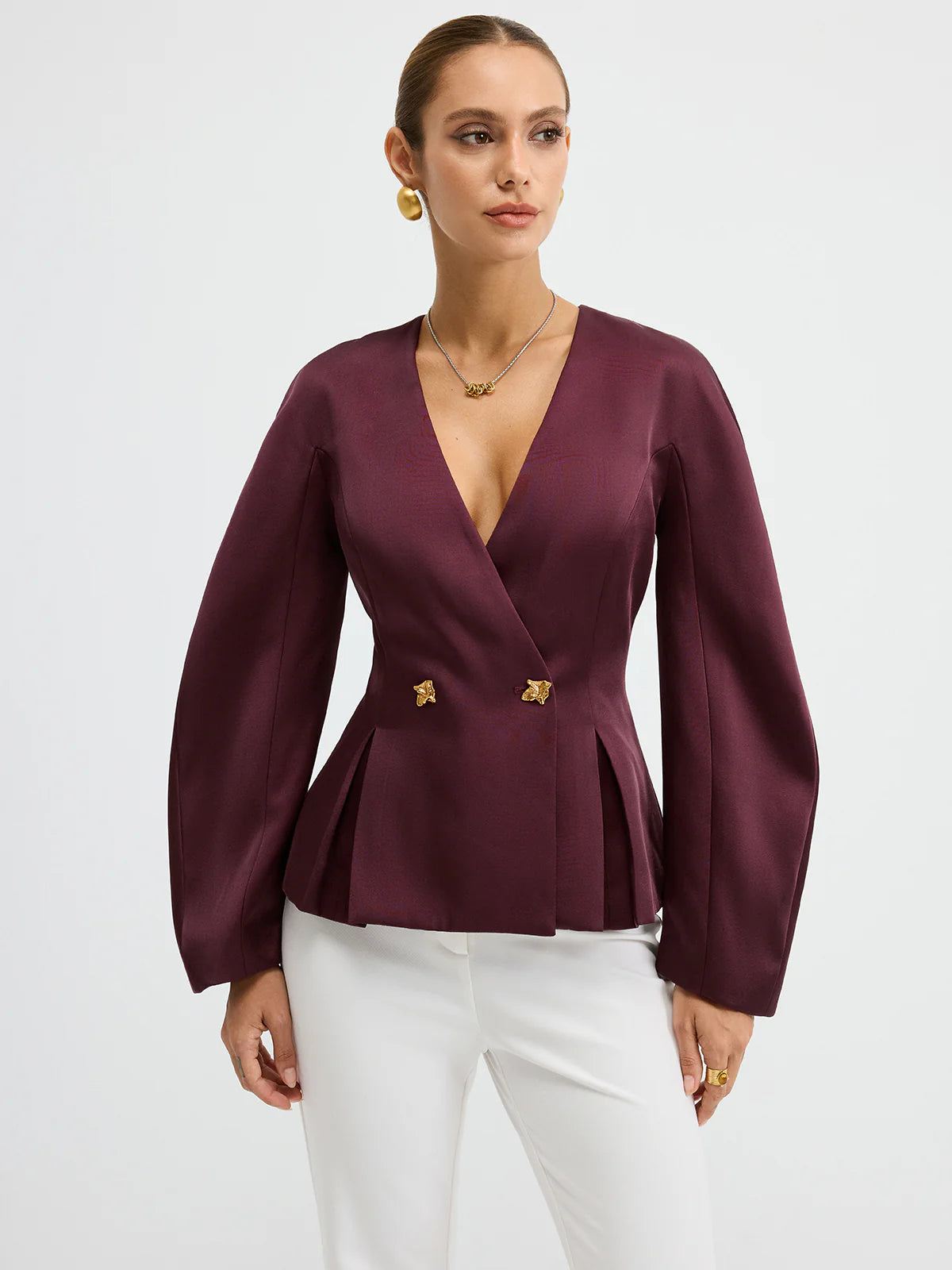 Metal Button Puff Sleeve Peplum Blazer