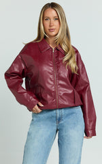 Chloe Jacket - Faux Leather Bomber Jacket in Wine