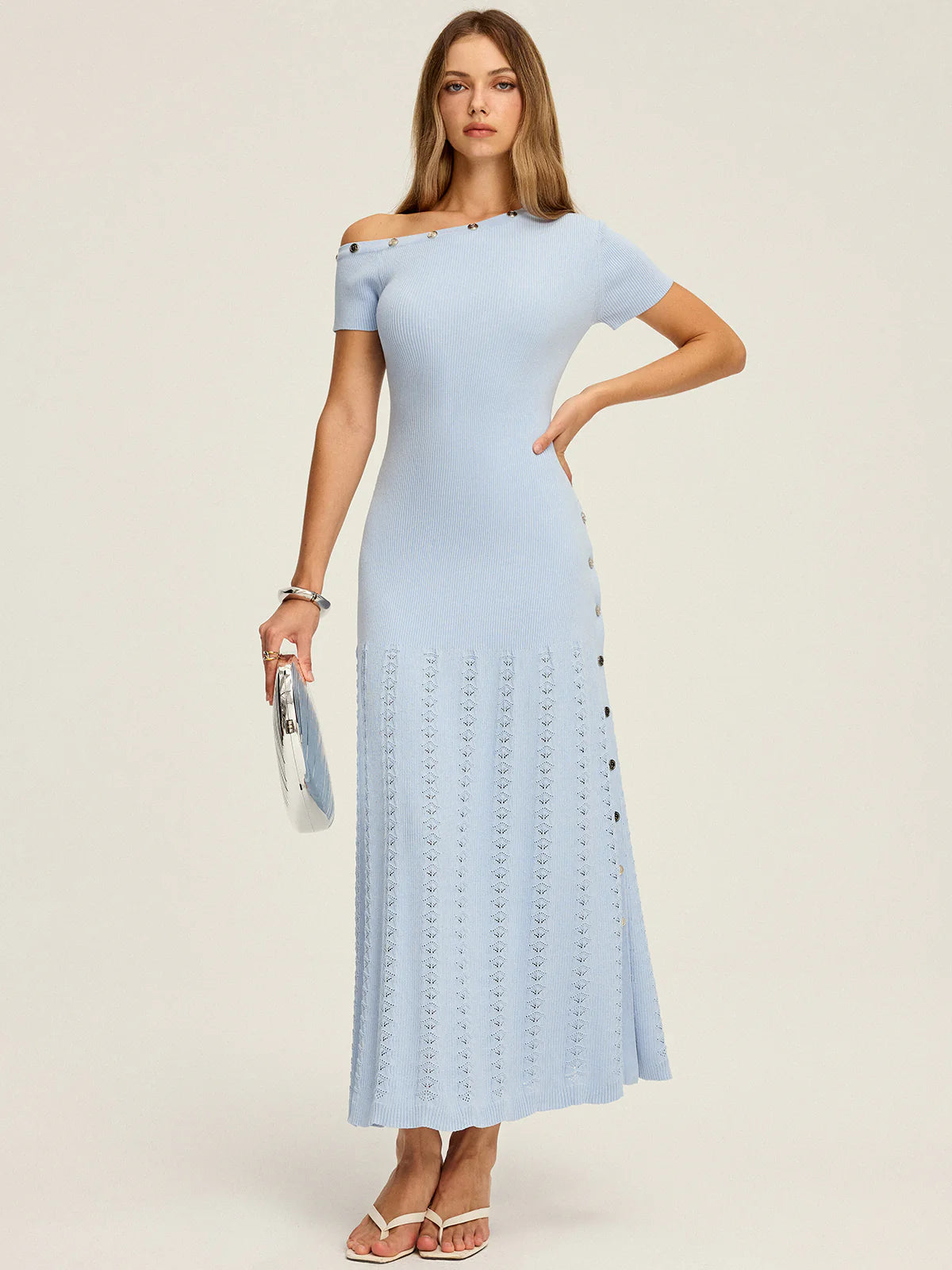 One-Shoulder Button Detail Knit Maxi Dress