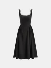 Sleeveless Square Neck Diamond Trim Flare Dress