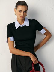 2 in 1 Paneled Collar And Cuffs Fitted T-Shirt