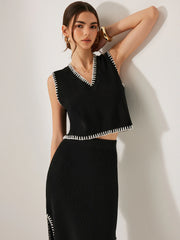 Contrast Trim Knit Tank Top With Skirt Set