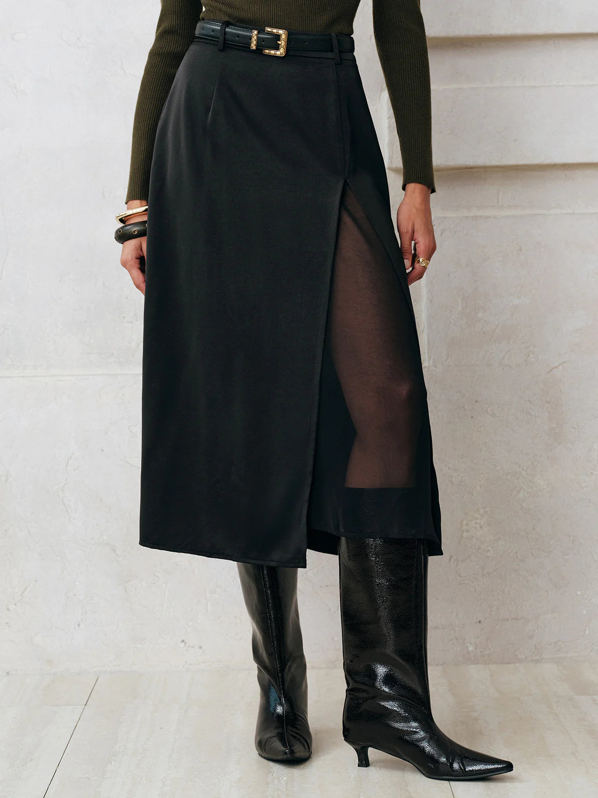 Sheer Slit Midi Skirt without Belt