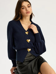 Heart Metal Button V-Neck Cardigan