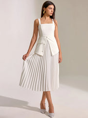 Square Neck Vest Panel Pleated Maxi Dress
