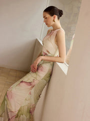 Printed Semi-Sheer Mesh Maxi Dress