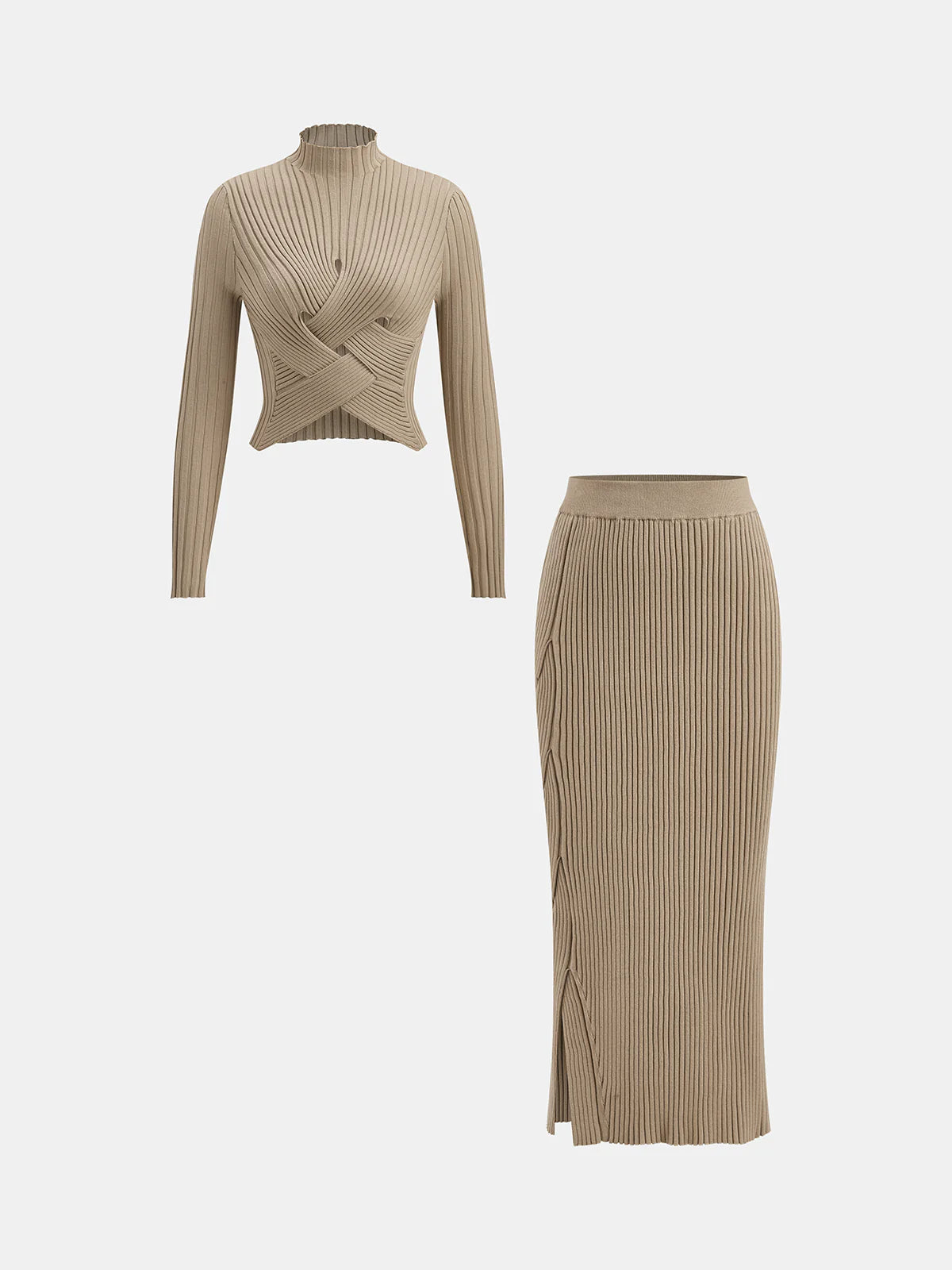 Mock Neck Cross-Over Crop Top and Midi Skirt Set
